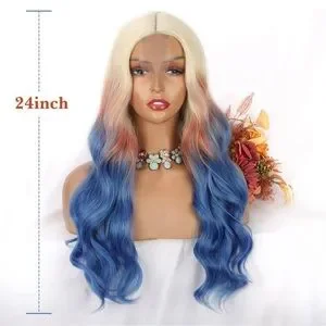 Human hair blend blonde/pink/blue lace front wig Colored Ombre Blonde Pink Purple Highlight Brazilian Human  main image 4